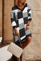 Vestidos de manga comprida preto casual estampa xadrez patchwork decote em v