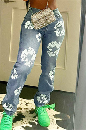 Blue Casual Floral Print Patchwork High Waist Regular Denim Jeans