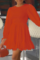 Vestidos de manga comprida laranja casual patchwork sólido com gola O