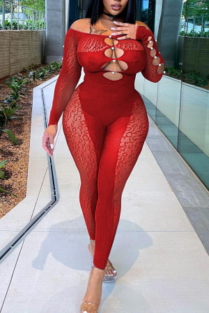 Red Sexy Solid Hollowed Out Patchwork See-through Off the Shoulder Skinny Jumpsuits