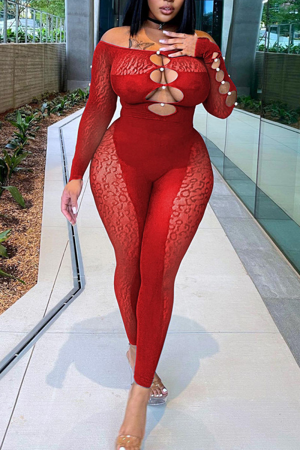 Rode sexy effen uitgeholde patchwork doorschijnende off-shoulder skinny jumpsuits