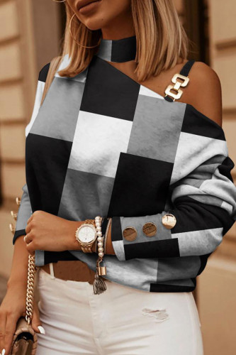 Black White Casual Print Hollowed Out Patchwork Turtleneck Tops