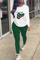 Red Green Casual Print Letter O Neck Long Sleeve Two Pieces