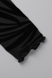 Dos piezas de manga larga con cuello en O transparente ahuecado de patchwork sexy negro