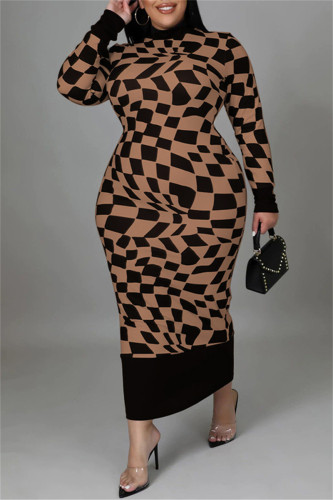 Brown Casual Plaid Print Patchwork Half A Turtleneck Long Sleeve Plus Size Dresses