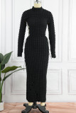 Zwart sexy casual effen uitgehold frenulum coltrui lange mouwen jurken
