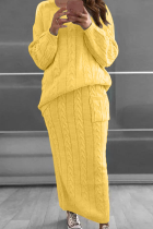 Горчично-желтый Мода Однотонный Пэчворк О-образный вырез Длинный рукав Из двух частей