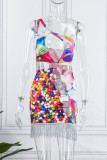 Multicolor Sexy Patchwork Print Quaste ausgehöhltes ärmelloses Kleid mit einer Schulter