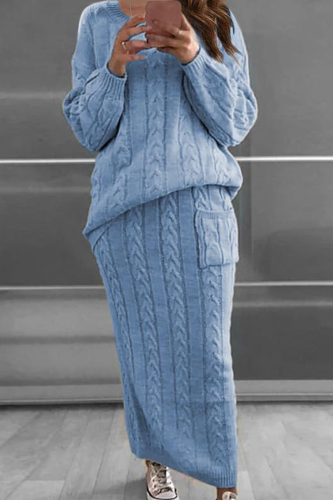 Blue Fashion Solid Patchwork O Neck Long Sleeve Two Pieces