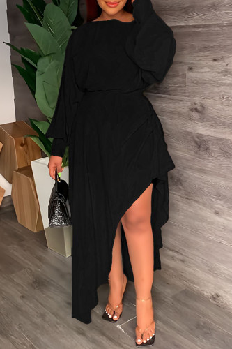 Black Casual Solid Patchwork Asymmetrical O Neck Long Sleeve Dresses