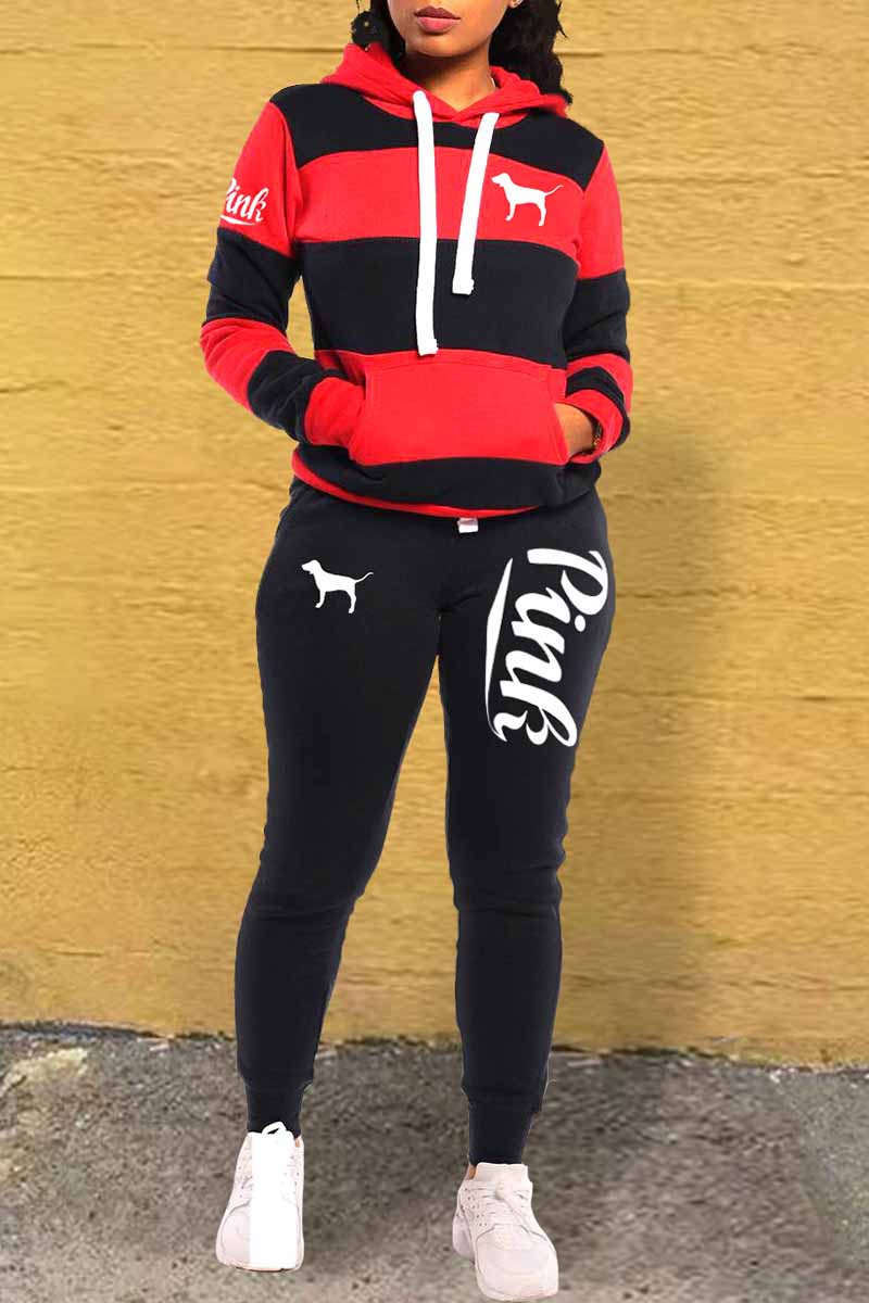 

Red Casual Striped Print Letter Hooded Collar Long Sleeve Two Pieces