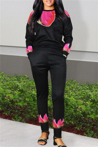 Black Casual Print Patchwork Basic O Neck Long Sleeve Two Pieces