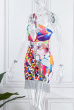 Multicolor Sexy Patchwork Print Tassel Hollowed Out One Shoulder Sleeveless Dress