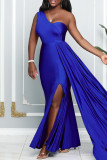 Синее сексуальное вечернее платье в стиле пэчворк с открытой спиной и разрезом на одно плечо Платья