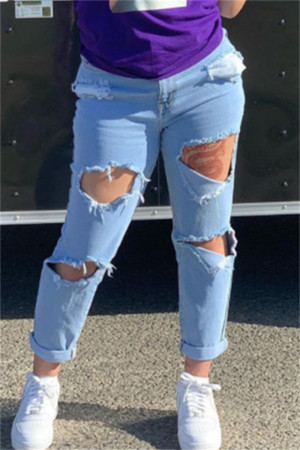 Light Blue Casual Solid Patchwork High Waist Regular Ripped Denim Jeans