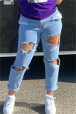 Jeans de mezclilla regular de cintura alta de patchwork rasgado sólido informal azul profundo