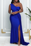 ブルー セクシー フォーマル ソリッド パッチワーク バックレス スリット ワンショルダー イブニングドレス ドレス