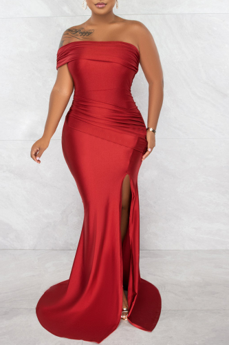 Red Sexy Solid Patchwork One Shoulder Trumpet Mermaid Dresses