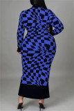 Vestidos de retalhos de estampa xadrez casual azul meia manga longa manga longa plus size