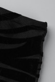 Dos piezas de manga larga con cuello en O transparente ahuecado de patchwork sexy negro