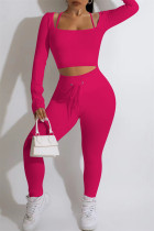 Розово-красная повседневная спортивная одежда Твердые пэчворк Отложной воротник Длинный рукав Из двух частей