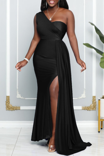 Black Sexy Formal Solid Patchwork Backless Slit One Shoulder Evening Dress Dresses
