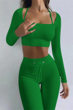 Verde casual abbigliamento sportivo solido patchwork colletto turndown manica lunga due pezzi
