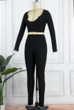 Black Sexy Solid Patchwork Square Collar Long Sleeve Two Pieces