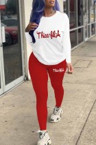 Red White Casual Print Letter O Neck Long Sleeve Two Pieces