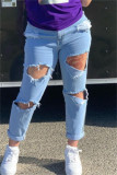 Hellblaue, lässige, feste, zerrissene Patchwork-Jeans mit hoher Taille und regulärer Denim