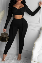Black Casual Solid Draw String Square Collar Long Sleeve Two Pieces