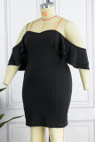 Zwarte sexy plus size effen rugloze off-shoulder jurk met korte mouwen