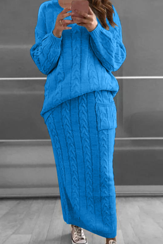 Colorful Blue Fashion Solid Patchwork O Neck Long Sleeve Two Pieces