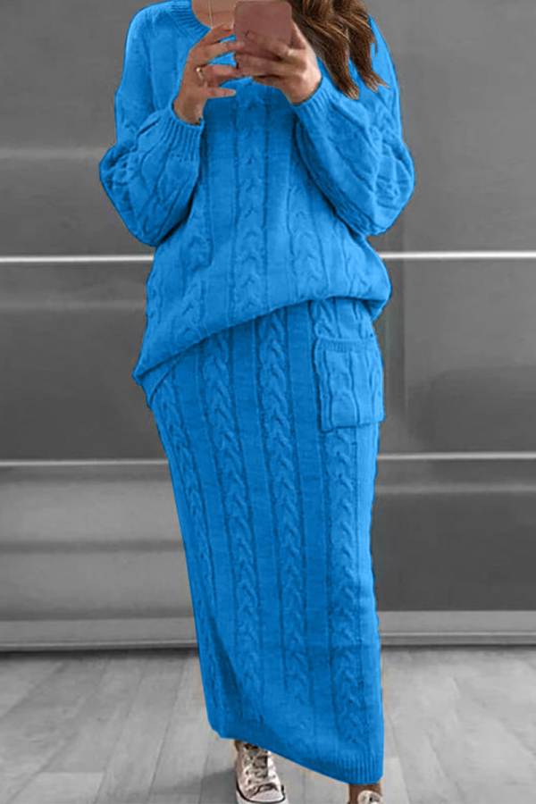 Красочный Синий Мода Твердые Пэчворк О-Образным Вырезом С Длинным Рукавом Из Двух Частей