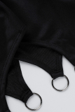 Robes de robe irrégulières à col à capuche en patchwork uni décontracté noir