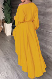 Желтые повседневные сплошные лоскутные асимметричные платья с круглым вырезом и длинными рукавами