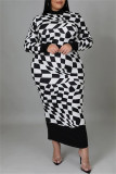 Bruin casual geruite print patchwork halve coltrui lange mouw plus size jurken