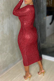 Красные сексуальные повседневные бронзовые лоскутные платья с V-образным вырезом и длинным рукавом