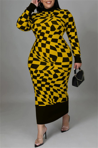 Yellow Casual Plaid Print Patchwork Half A Turtleneck Long Sleeve Plus Size Dresses