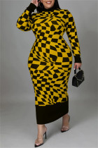 Gele casual geruite print patchwork halve coltrui lange mouwen plus size jurken