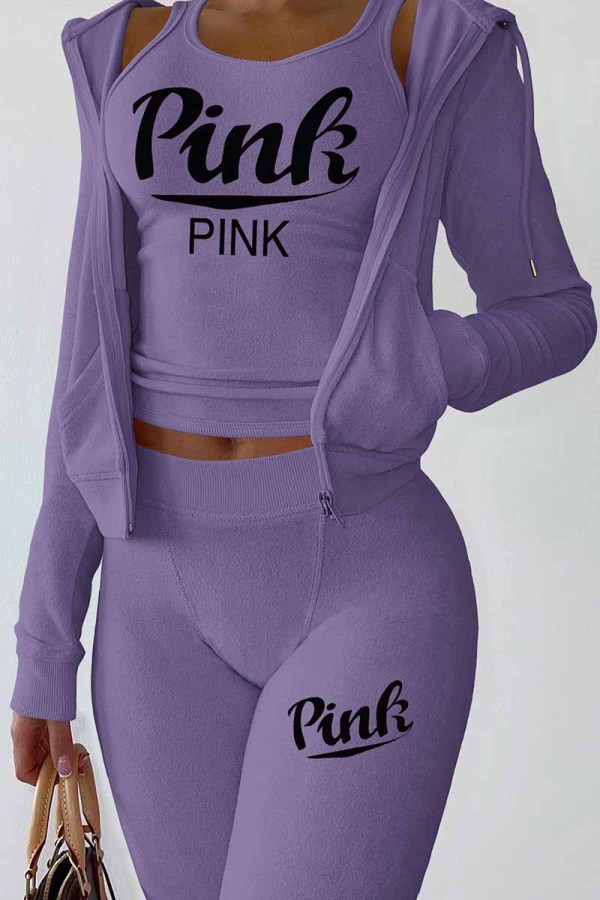 Purple Sexy Print Letter Long Sleeve Three Pieces