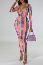 Pink Elegant Print Patchwork Bleistiftrock Kleider mit V-Ausschnitt
