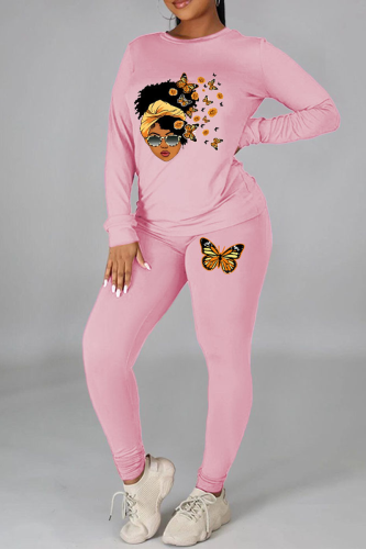 Pink Vintage Print Patchwork O Neck Long Sleeve Two Pieces