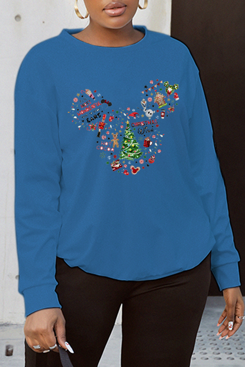 

Blue Casual Street Print Snowflakes Patchwork O Neck Tops