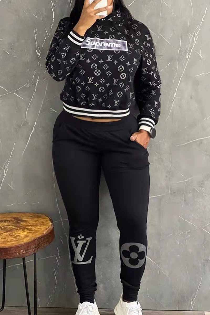 

Black Street Print Letter Hooded Collar Long Sleeve Two Pieces