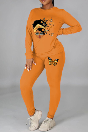 Orange Vintage Print Patchwork O Neck Long Sleeve Two Pieces