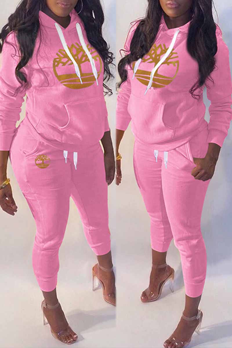 

Pink Sportswear Embroidery Patchwork Hooded Collar Long Sleeve Two Pieces