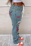 Graue, lässige, zerrissene Patchwork-Denim-Jeans mit Street-Print