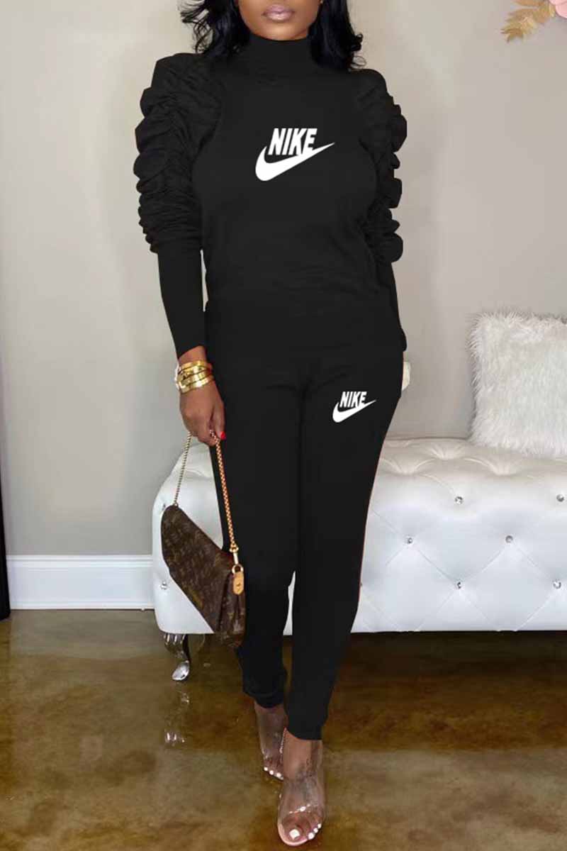 

Black Casual Print Letter Turtleneck Long Sleeve Two Pieces