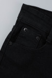 Jeans skinny preto casual patchwork sólido cintura média